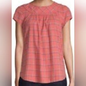 St John's Bay EUC Women's Cap Sleeve Blouse, Medium, Orange Plaid